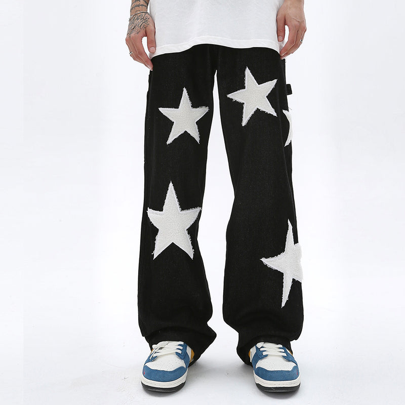 Men Jeans Flocking Five-Pointed Star Patch