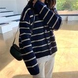 Women Knitted Cardigan Retro Casual Loose Striped Sweater