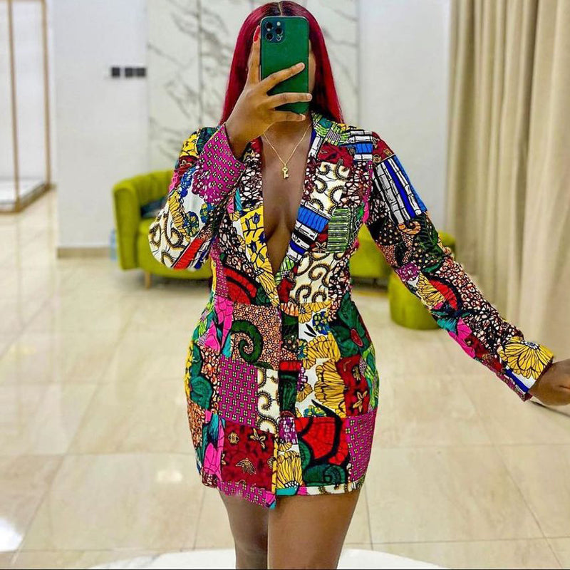 Women Dress Suit Collar Printed Long Sleeve Dress