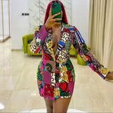Women Dress Suit Collar Printed Long Sleeve Dress