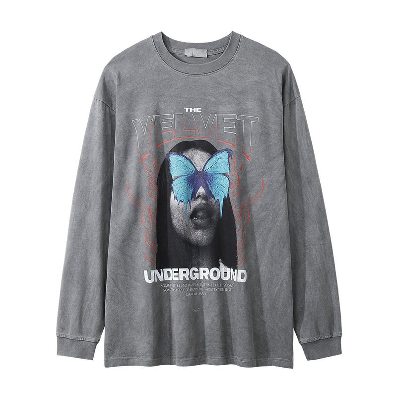 Men Long Sleeve T-Shirt Dark Character Print Punk & Rock Washed and Worn