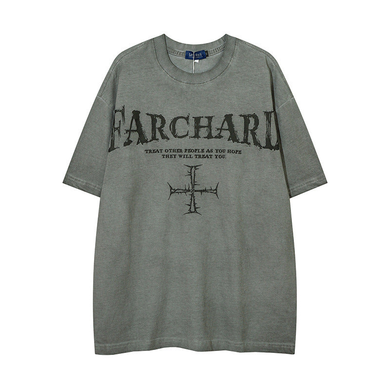 Men T-shirt Vintage Cross Printing Distressed Oversize