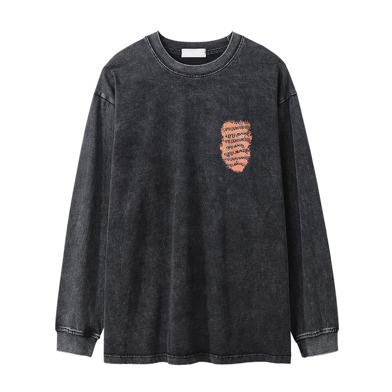 Men Long Sleeve T-Shirt Flame Dice Printing Loose Casual Distressed