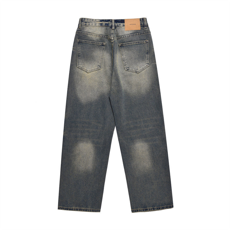 Men Jeans Vintage Crumpled Ripped Distressed Loose