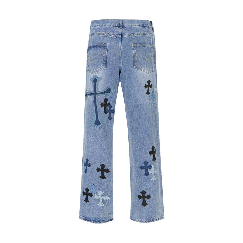 Men Jeans Cross Embroidery Patch Loose Cool
