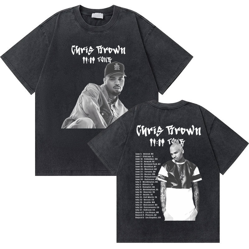 Washed Vintage Rapper Chris Brown 11:11 Tour Print T Shirt