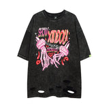 Men T-shirt Graffiti Printing Knife Ripped Loose Casual