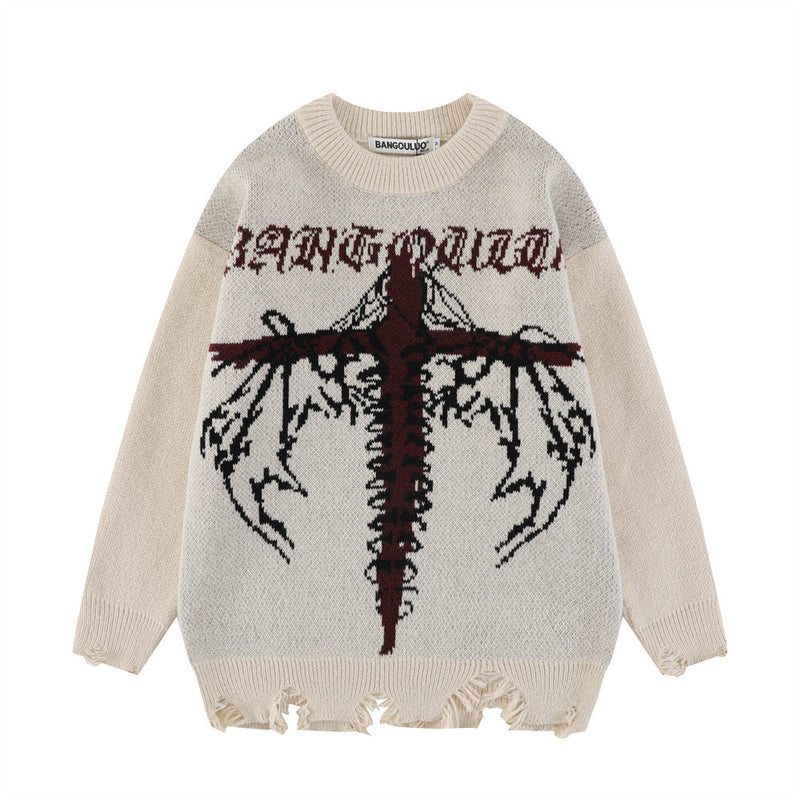 Men Sweater Cross Sweater Dark Leisure Ripped Bottoming Sweater