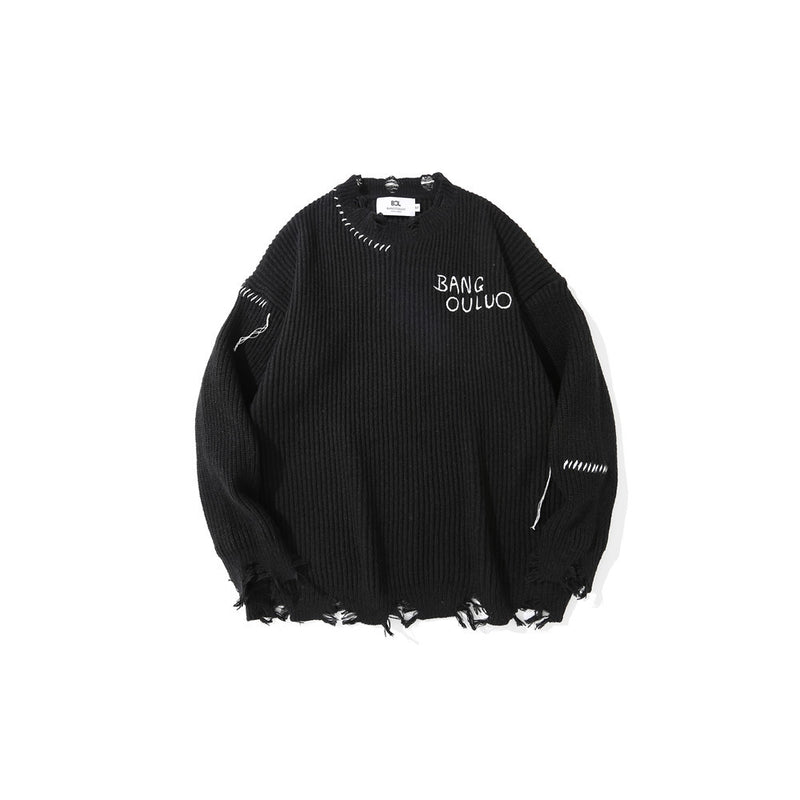 Men Sweater Dark Embroidered Ripped Letter-Printing Sweater Loose