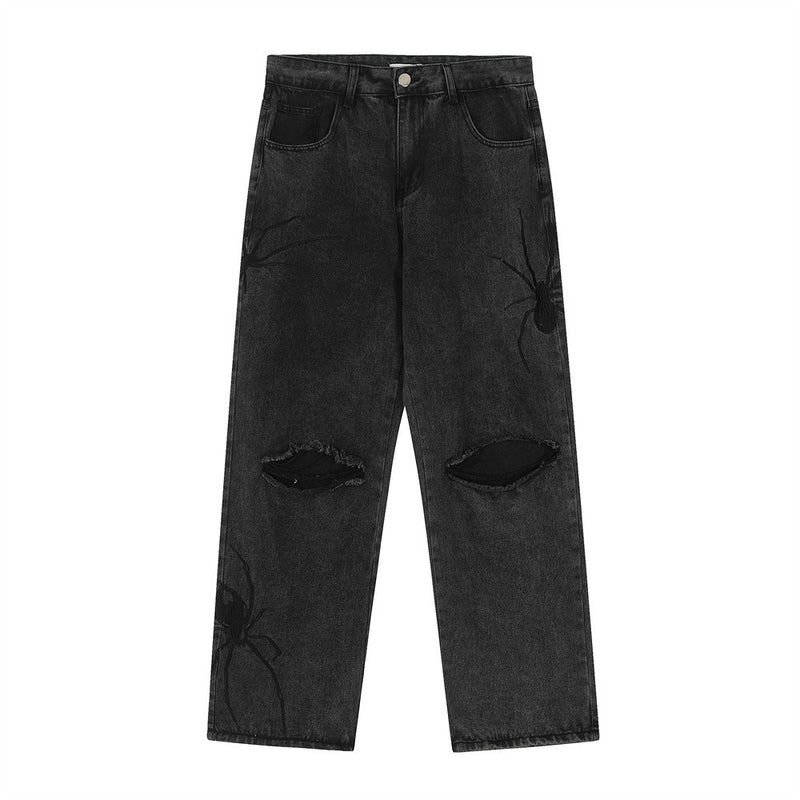 Men Jeans Spider Pattern Loose Make Old Ripped All-Match