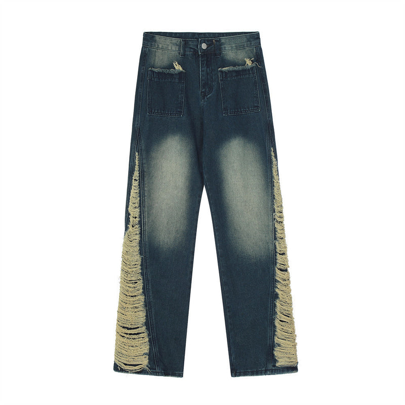Men Jeans Loose Hole Contrast Color