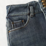 Women Jeans Fleece-lined Thick Thermal Slim Fit Raw Edges