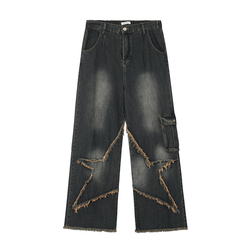 Men Jeans Five-Pointed Star Paste Cloth Embroidery Burr