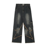 Men Jeans Five-Pointed Star Paste Cloth Embroidery Burr
