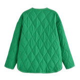 Women Cotton Coat Fashion Collarless Diamond Lattice Loose