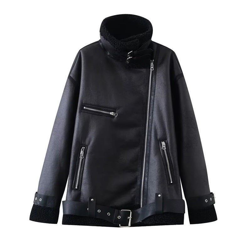 Women Cotton Coat PU Leather Zipper Lamb Wool Jacket