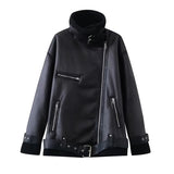 Women Cotton Coat PU Leather Zipper Lamb Wool Jacket