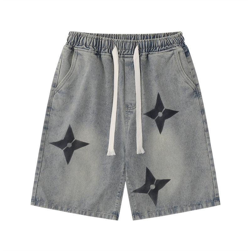 Men Shorts Shuriken Printed Denim Shorts