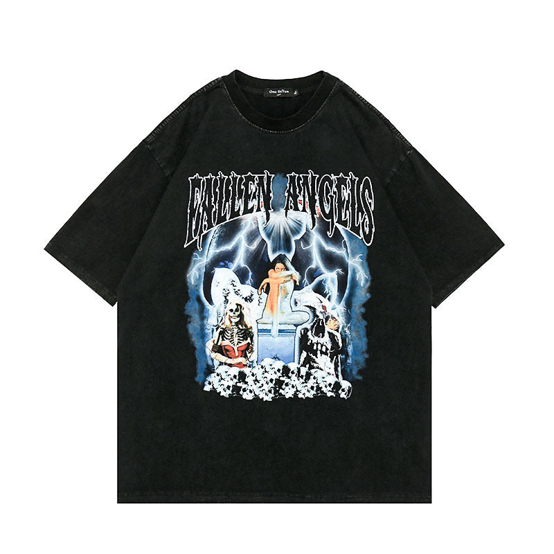 Men T-Shirt Vibe Skull Letter Printing Distressed
