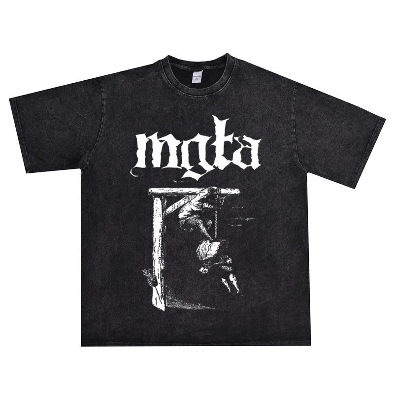 Rock Star T Shirt Mgla Band Washed Distressed T-shirt Short Sleeve Loose Cotton Men and Women