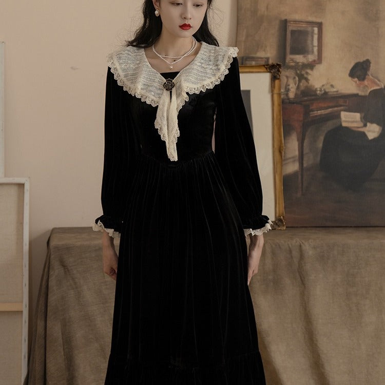 Betty Draper Valentine's Day Dress Retro Square Collar Black Velvet Dress