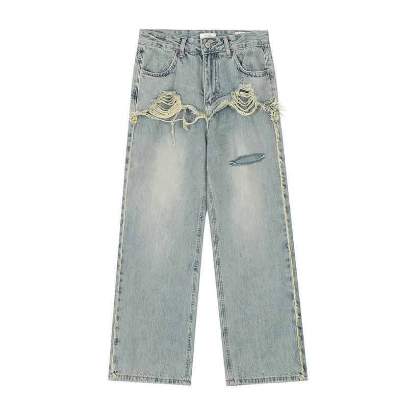 Men Jeans Raw Hem Ripped Stitching Loose