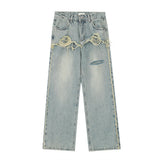 Men Jeans Raw Hem Ripped Stitching Loose