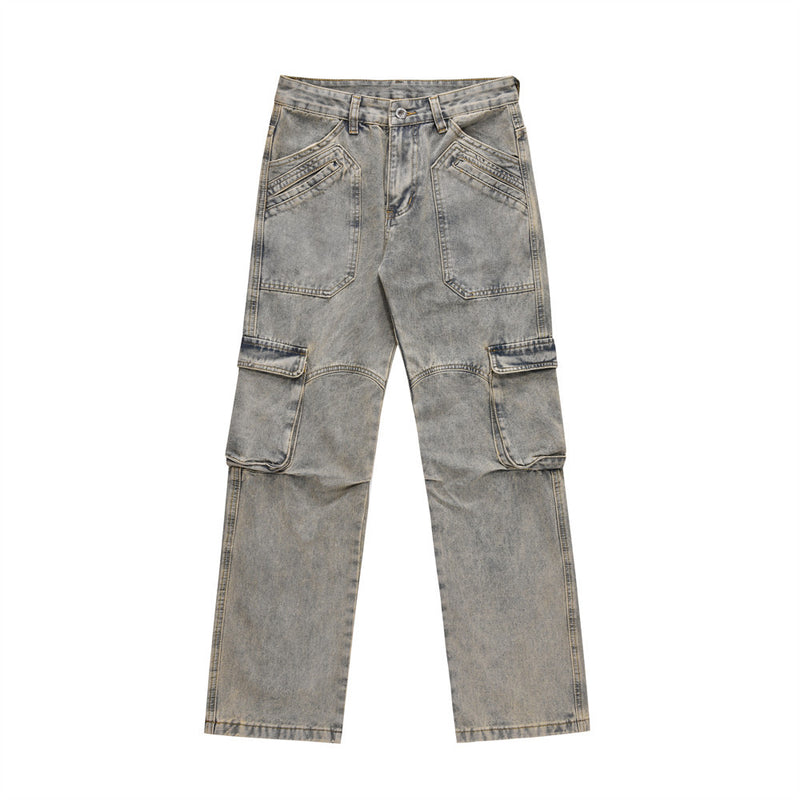 Men Jeans Punk Distressed Multi-Pocket Workwear
