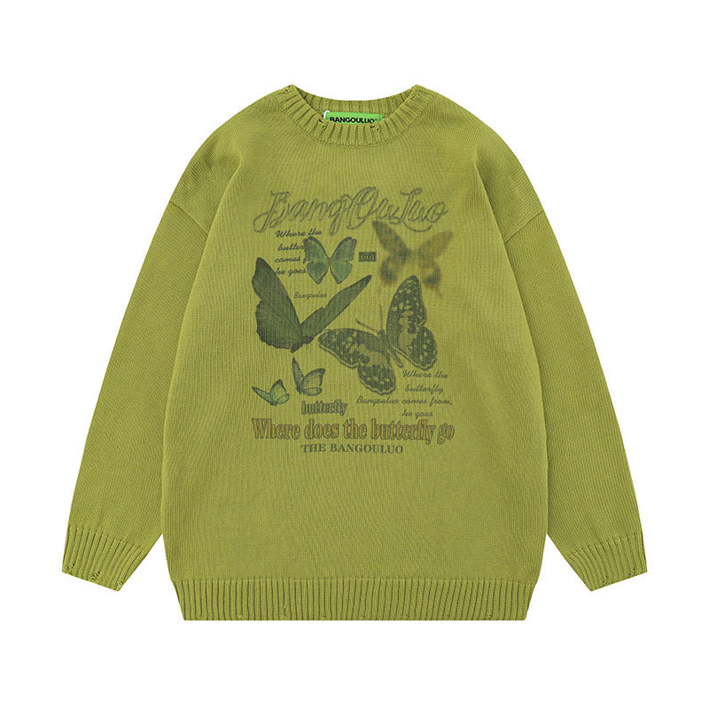 Women Sweater Butterfly Print Knitted Top All-Match Sweater
