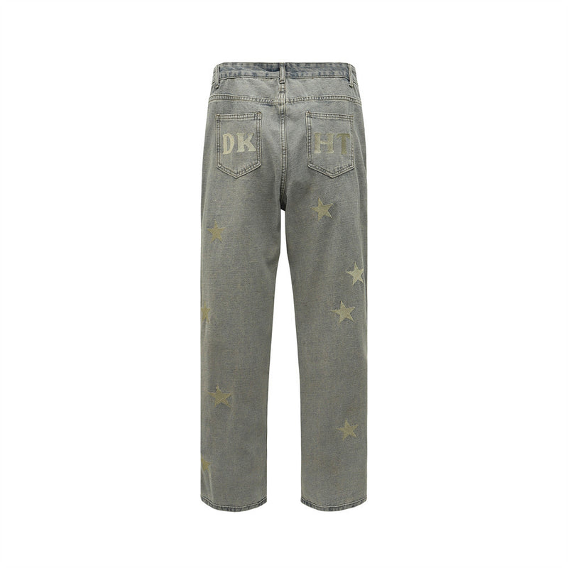 Men Jeans Star Embroidery Loose Casual