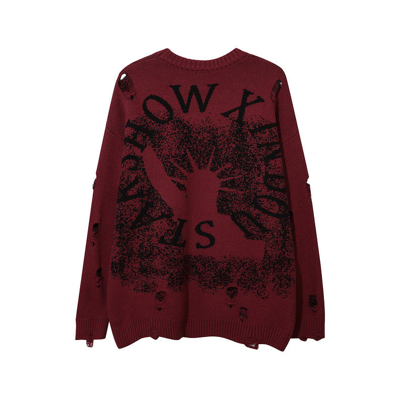 Women Sweater Devil Jacquard Knitted Sweater Ripped
