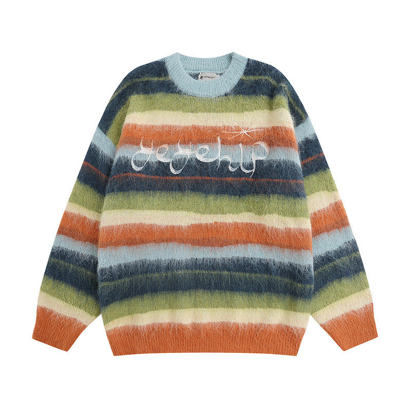 Women Sweater Vintage Contrast Color Striped Embroidered Knitted Sweater