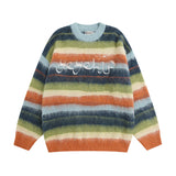 Women Sweater Vintage Contrast Color Striped Embroidered Knitted Sweater