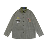 Men Long Sleeved T Shirt Vintage Plaid Long Sleeve Shirt Ins Bear Embroidery Pocket Casual Shirt