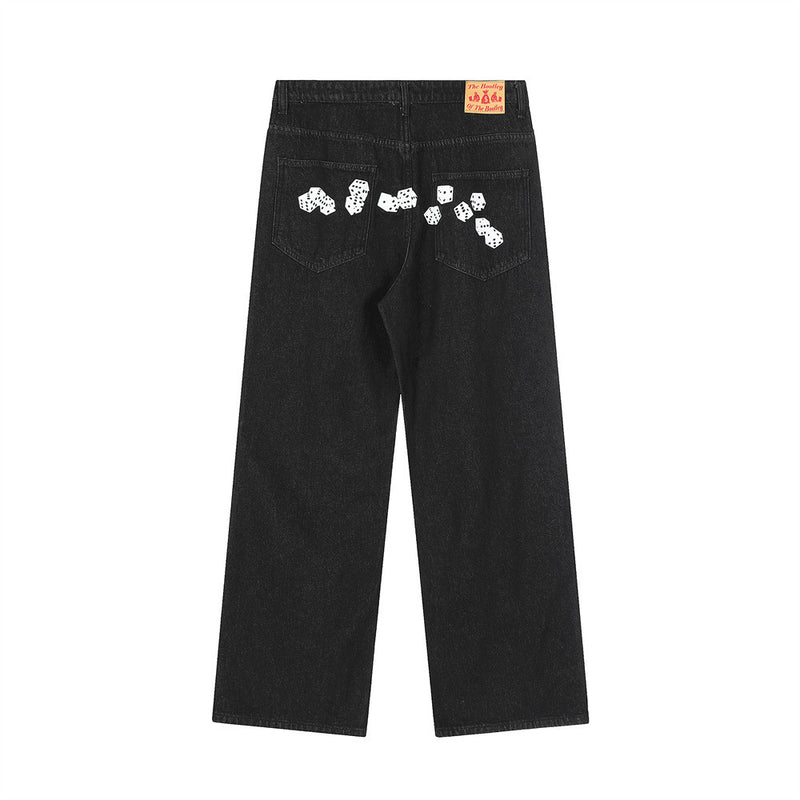 Men Jeans Retro Loose Casual Dice Printing