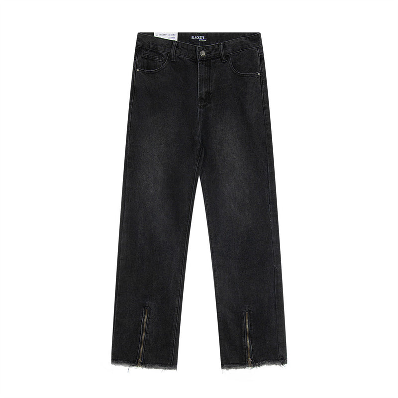 Men Jeans Distressed Zipper Split Casual Loose Raw Hem