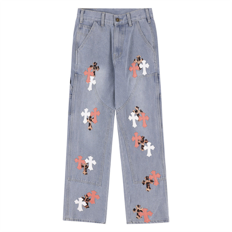 Men Jeans Leather Embroidered Cross Personality