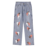 Men Jeans Leather Embroidered Cross Personality