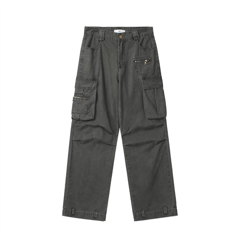 Men Jeans Pleated Tooling Multi-Pocket Loose