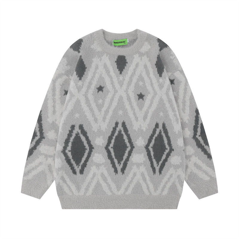 Men Sweater Diamond Plaid Jacquard and Fleece Lining Sweater