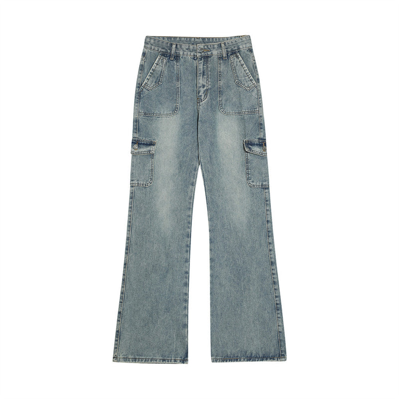 Men Jeans Personality Design Workwear with Pocket Bell-Bottom Pants