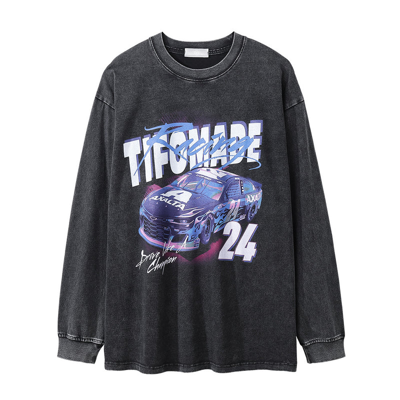 Men Long Sleeve T-Shirt Racing Car Printing Distressed Loose