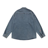 Men Long Sleeved T Shirt Cartoon Embroidered Washed Denim Shirt Coat Spring and Autumn Loose Long Sleeve Shirt