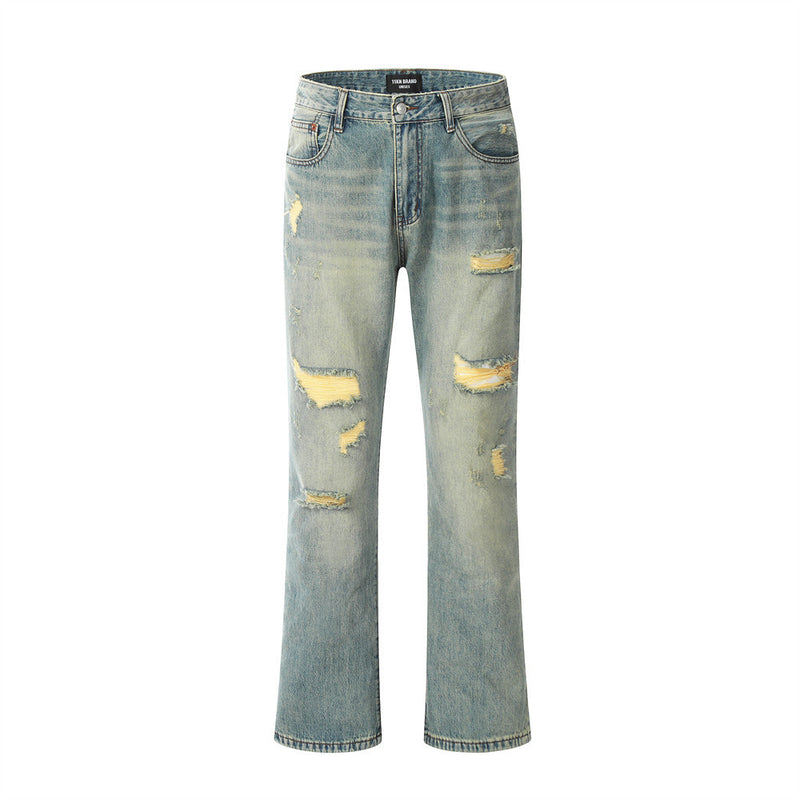 Men Jeans Vintage Pan Yellow Broken Holes Pants Worn out