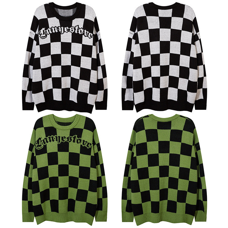 Women Sweater Vintage Chessboard Plaid Loose Knitwear