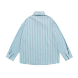 Men Long Sleeved T Shirt Cartoon Vertical Striped Long Sleeve Shirt Boys Casual Loose Lapels Shirt Ins Spring and Autumn