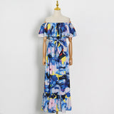 Bohemian Dress Fashion Printed Young off-Shoulder Long Cinched Swing Dress