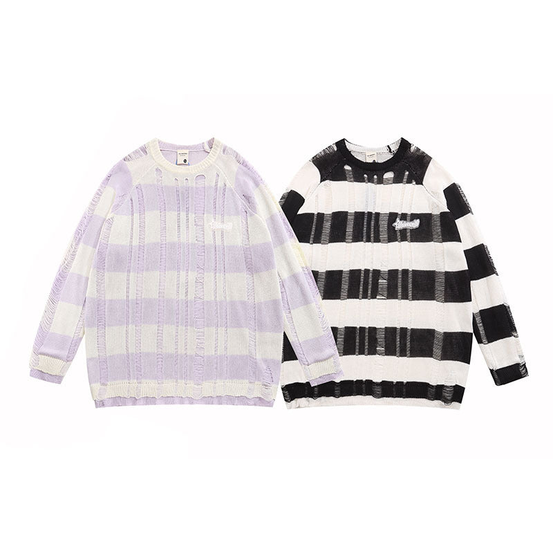 Women Sweater Knitted Top Thin Striped Contrast Color