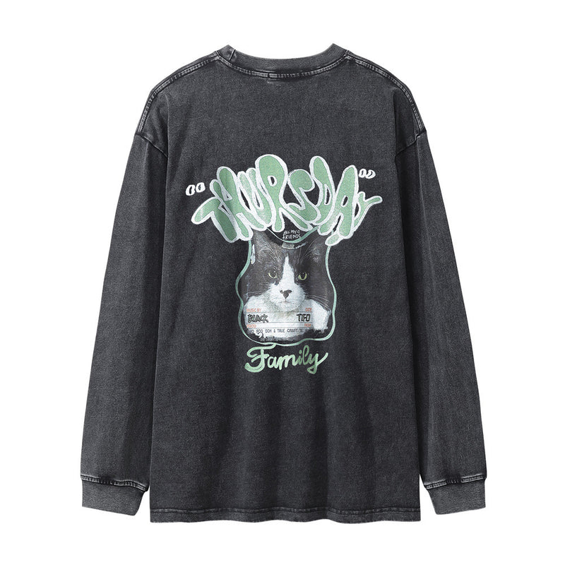 Men Long Sleeve T-Shirt Dog Print Loose round Distressed