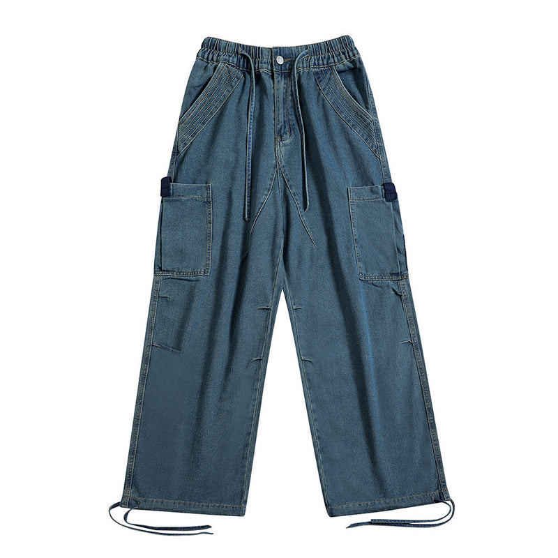 Men Jeans Multi-Pocket Workwear Loose Drawstring Girdle